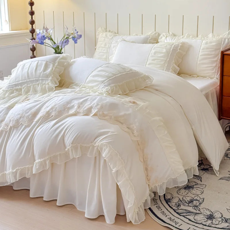 Afralia™ Lace Luxury Bed Skirt Set: Silky Solid Color Bedclothes Single Double Bedspread