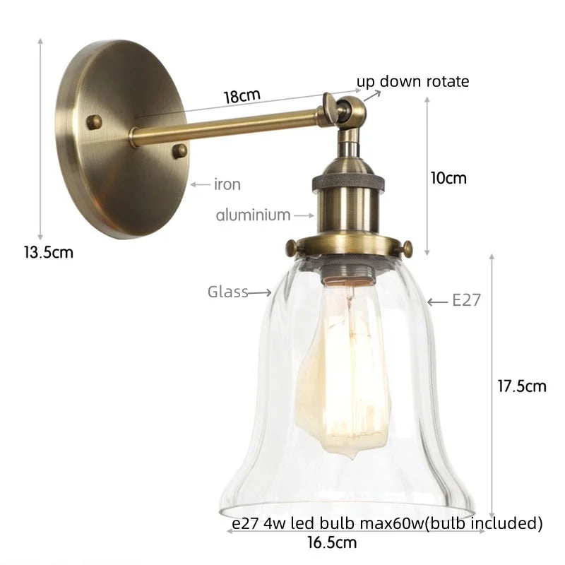 Afralia™ Vintage LED Wall Sconce Pull Chain Switch Glass Country Mirror Light