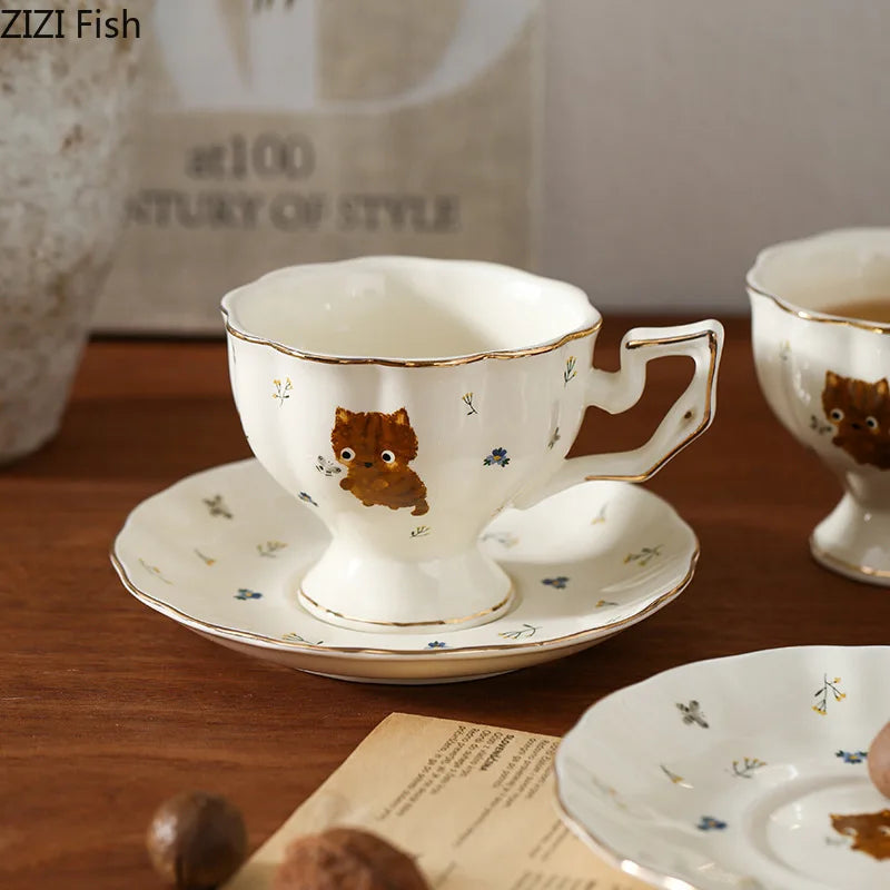 Afralia™ Cartoon Kitten Pattern Porcelain Coffee Mug Set Ayshacollection
