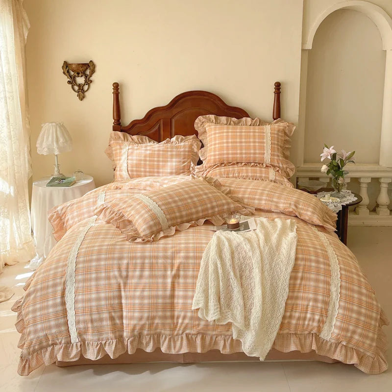 Afralia™ Plaid French Pastoral Cotton Bedding Set Full Queen King Size