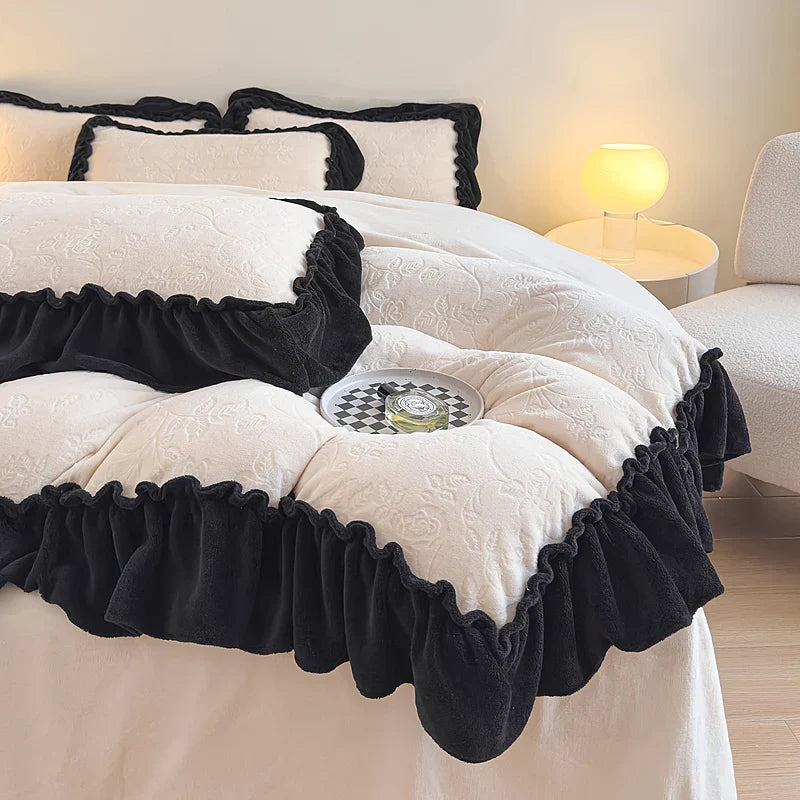 Afralia™ Princess Velvet Fleece Ruffles Winter Bedding Set - Plush Coral Velvet Duvet Cover & Sheet