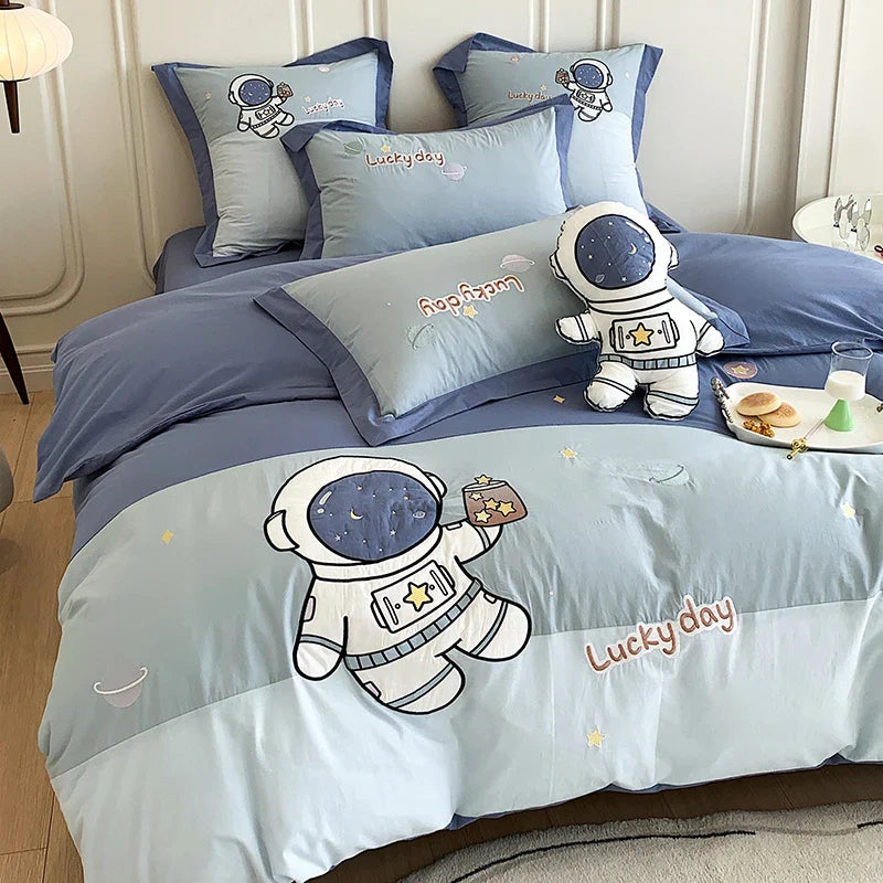 Afralia™ Astronaut Cartoon Embroidery Boys Bedding Set, 100% Cotton, Single Duvet Cover, Bed Sheet, Pillowcases