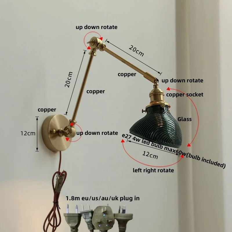 Afralia™ Nordic Green LED Swing Arm Wall Lamp Sconce Glass Walnut Wood Mirror Light