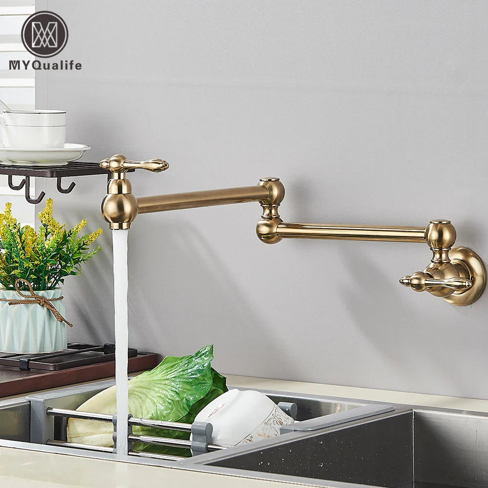 Afralia™ Brushed Gold Brass Pot Filler Faucet with Folding Spout - Wall Mounted Kitchen Tap
