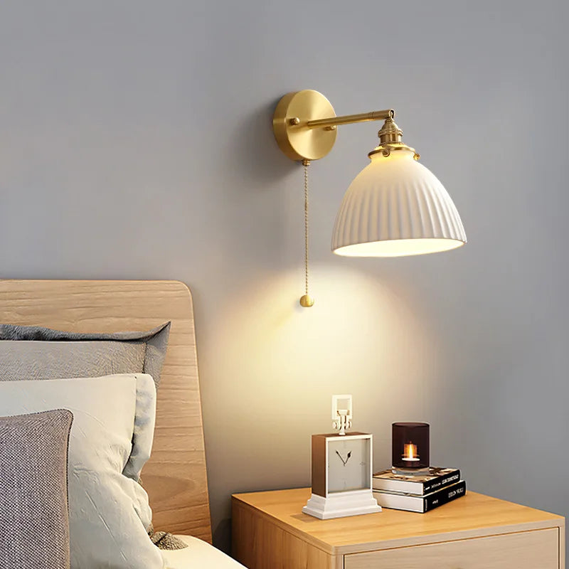 Afralia™ Copper Nordic Ceramic LED Wall Sconce Pull Chain Switch E14 Socket Home Lighting