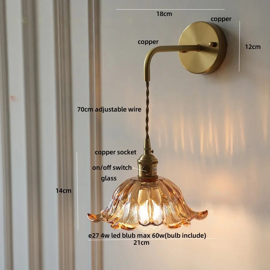 Afralia™ Glass & Copper Green Flower LED Wall Sconce with Pull Chain