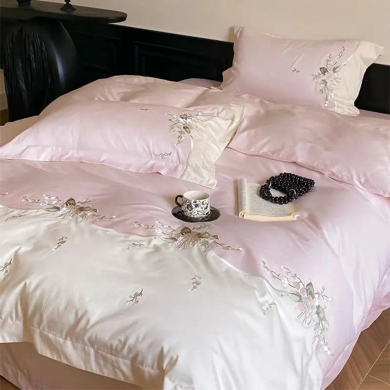 Afralia™ Lily of the Valley Chic Flowers Embroidery Bedding Set 1000TC Egyptian Cotton