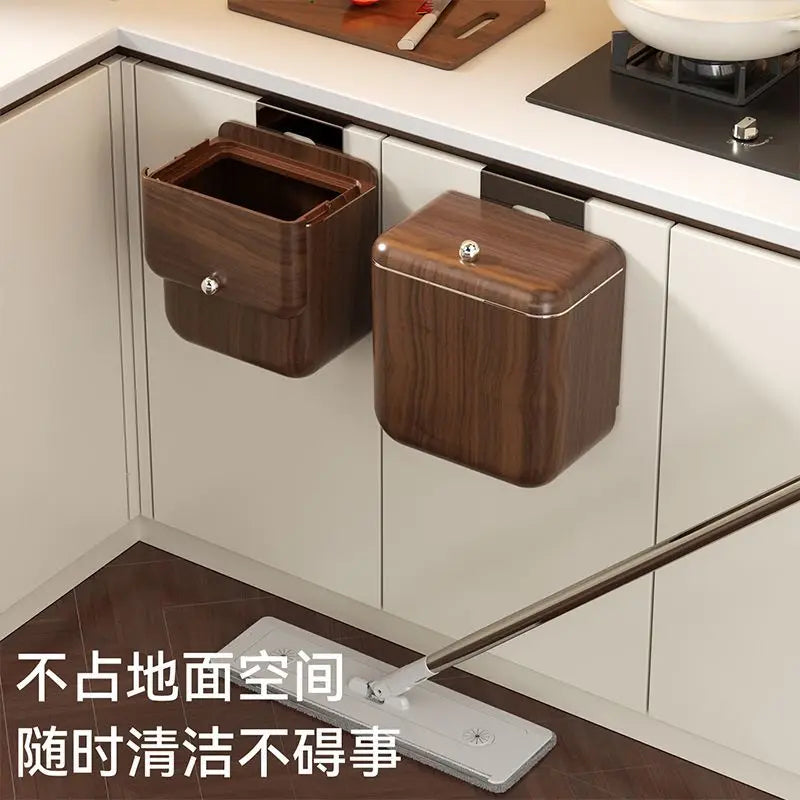 Afralia™ Antique Style Wood Grain Kitchen Trash Can with Lid, Hanging Type, Large Capacity