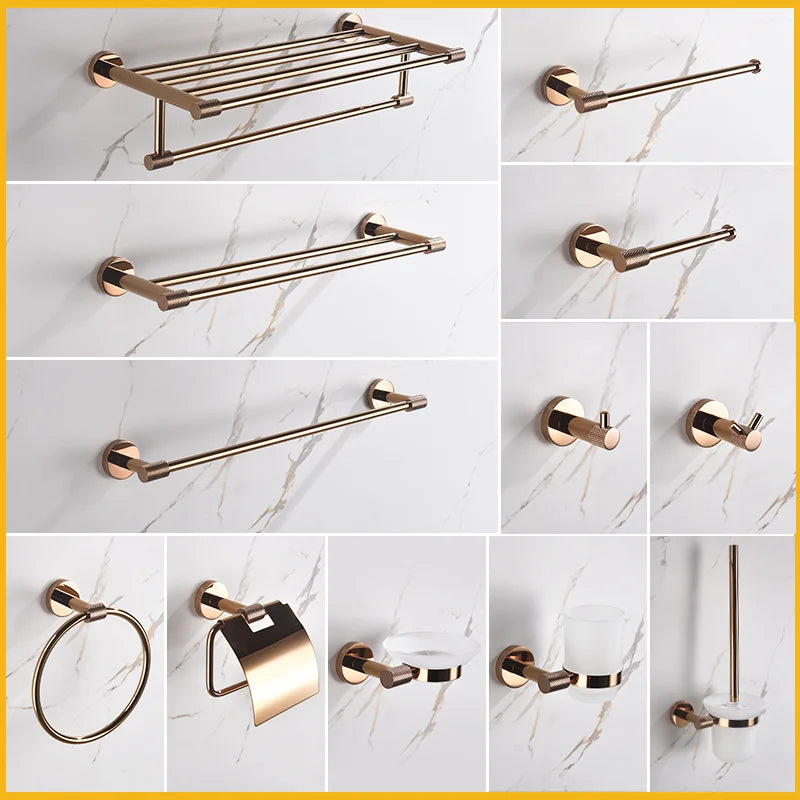 Afralia™ Rose Gold Bathroom Set: Shelf, Toilet Paper Holder, Towel Bar, Robe Hook