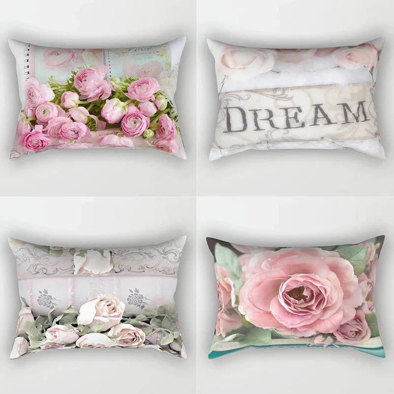 Afralia™ Pink Flower Pillowcase: Living Room Sofa Chair Waist Throw Cushion Cover