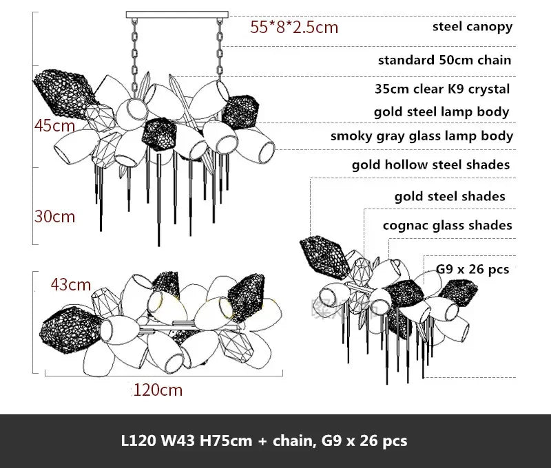 Afralia™ Gold Steel LED Pendant Lights with Cognac/Gray Glass Shades