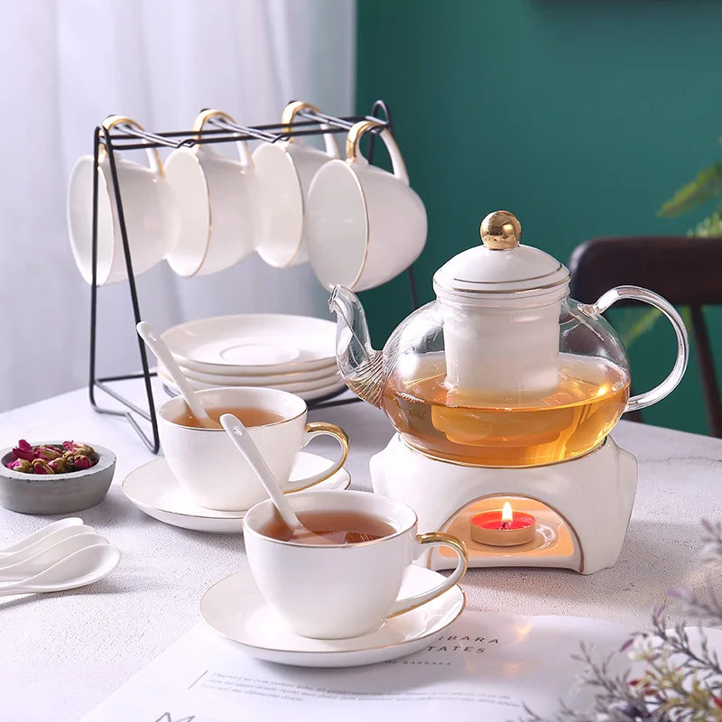 Afralia™ Gold White Ceramic Tea Set with Glass Teapot - Elegant Teaware Collection