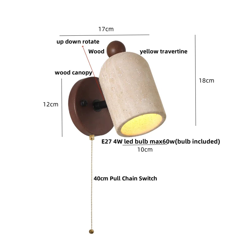 Afralia™ Yellow Travertine Wood Wall Light: Up Down Rotate LED Fixture with Pull Chain Switch.