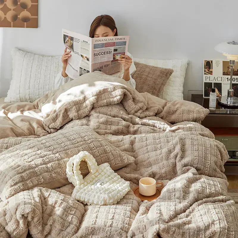 Afralia™ Cozy Rabbit Velvet Queen Bedding Set for Autumn/Winter