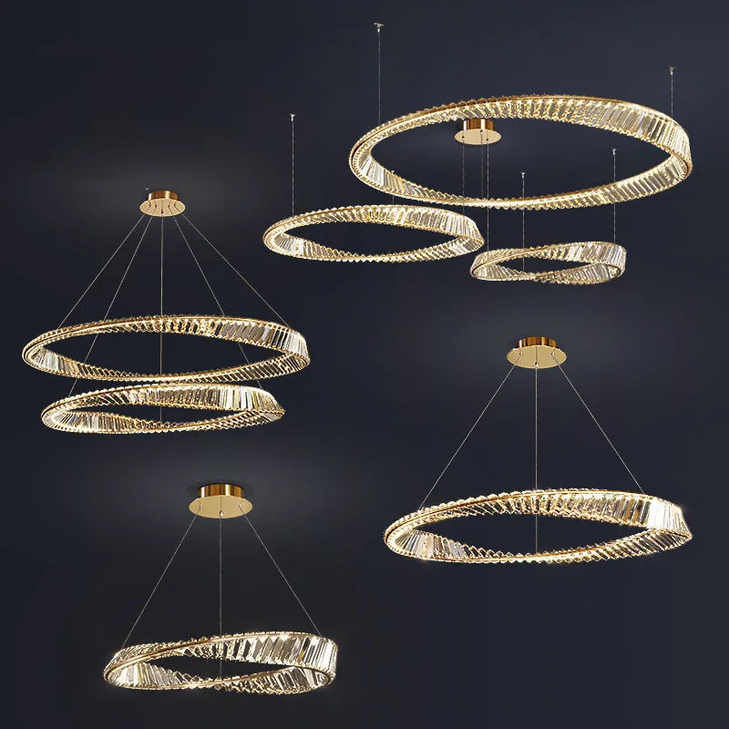 Afralia™ Gold Steel Rings Crystal Pendant Light