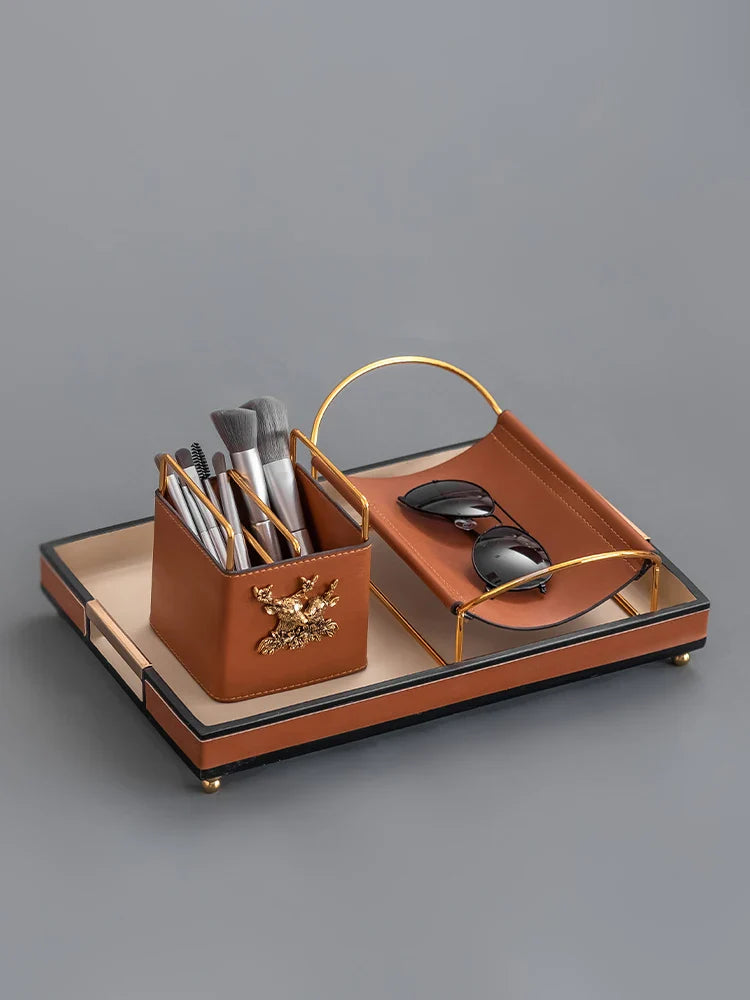 Afralia™ Brown Leather Desktop Storage Basket and Tissue Box