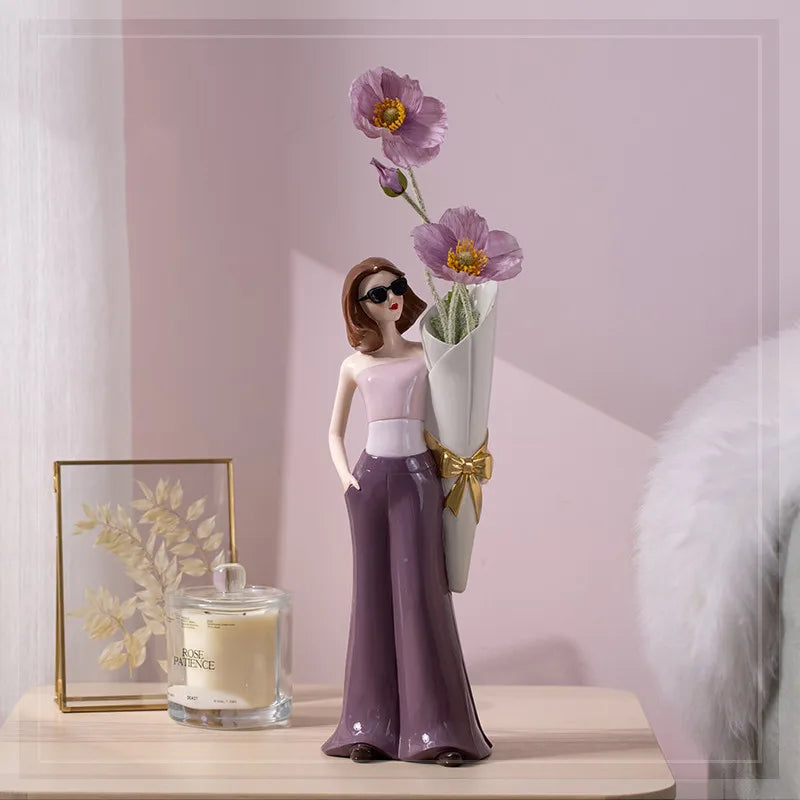 Afralia™ Modern Girl Vase & Resin Ornaments for Home & Office Decor, Crafted Figurines & Garden Statue