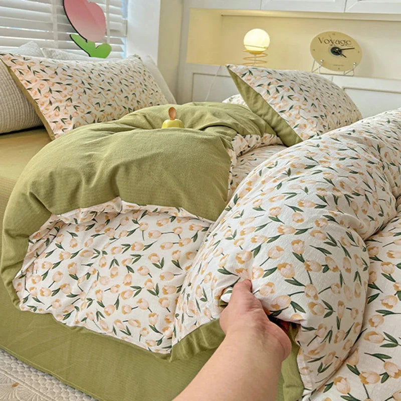 Afralia™ Flower Print Bedding Set 200X230Cm Soft Cotton Duvet Cover Set