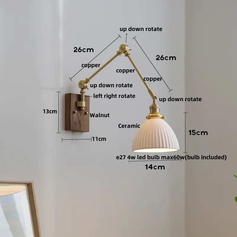 Afralia™ Wood LED Wall Light with Pull Chain Switch & Rotatable Amber Glass
