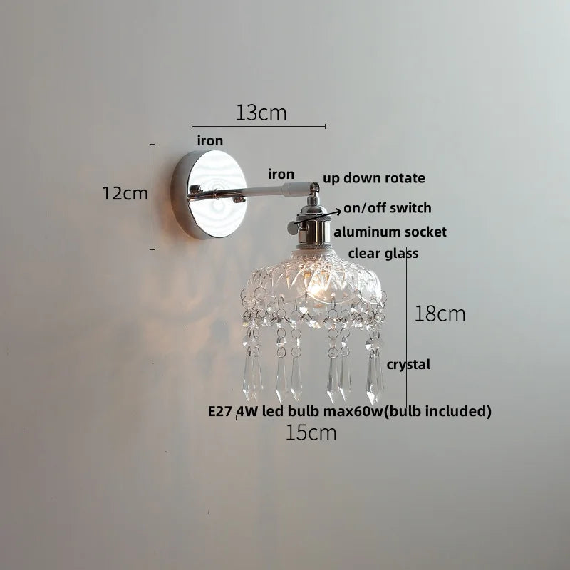 Afralia™ Crystal Iron LED Wall Light Modern Bedside Lamp Clear Glass Wandlamp