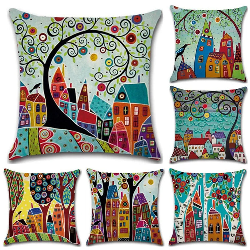 Afralia™ Vintage Village Linen Pillow Case 45x45cm Sofa Cushion Covers Home Decor