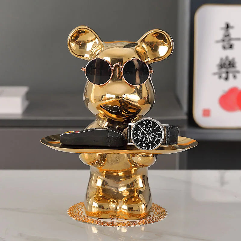 Afralia™ Ceramic Sunglasses Bear Figurine Tray Piggy Bank Home Decoration