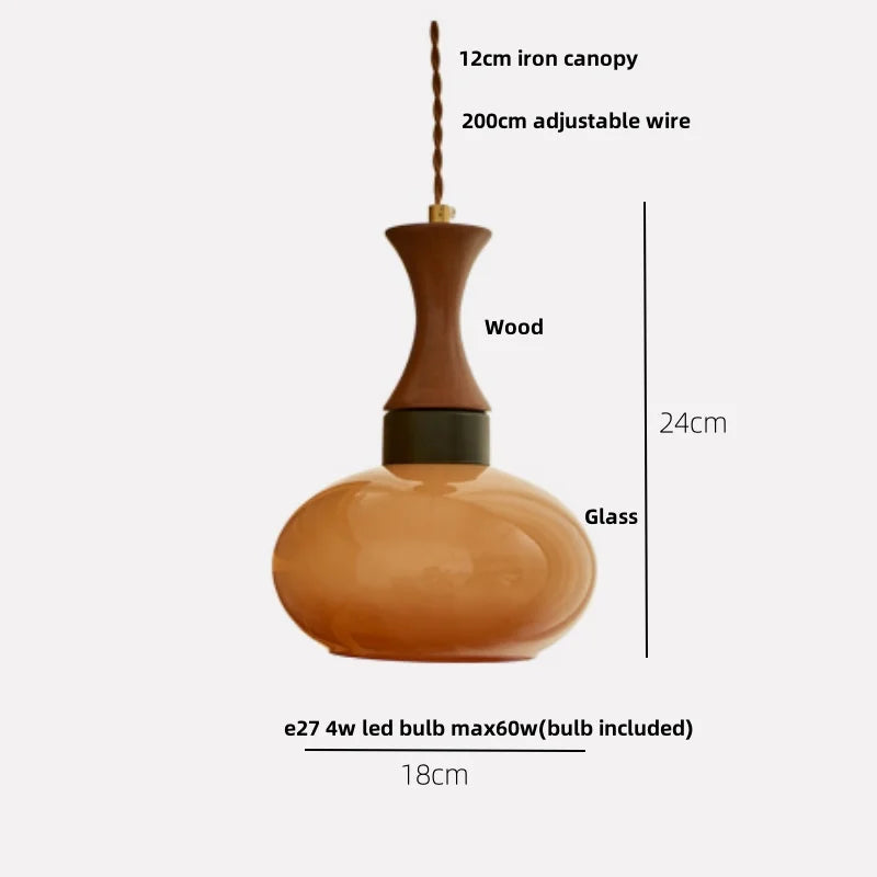 Afralia™ Amber LED Pendant Light Fixture Wood Glass Loft Adjustable Hang Lamp
