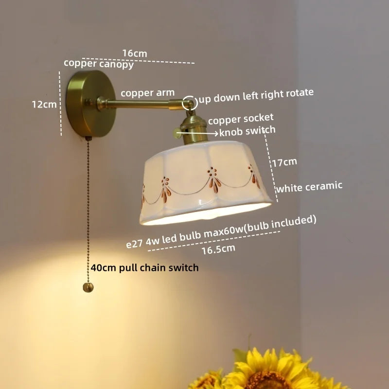 Afralia™ Ceramic Hand-painted LED Wall Light, Pull Chain Switch, Modern Bedside Lamp