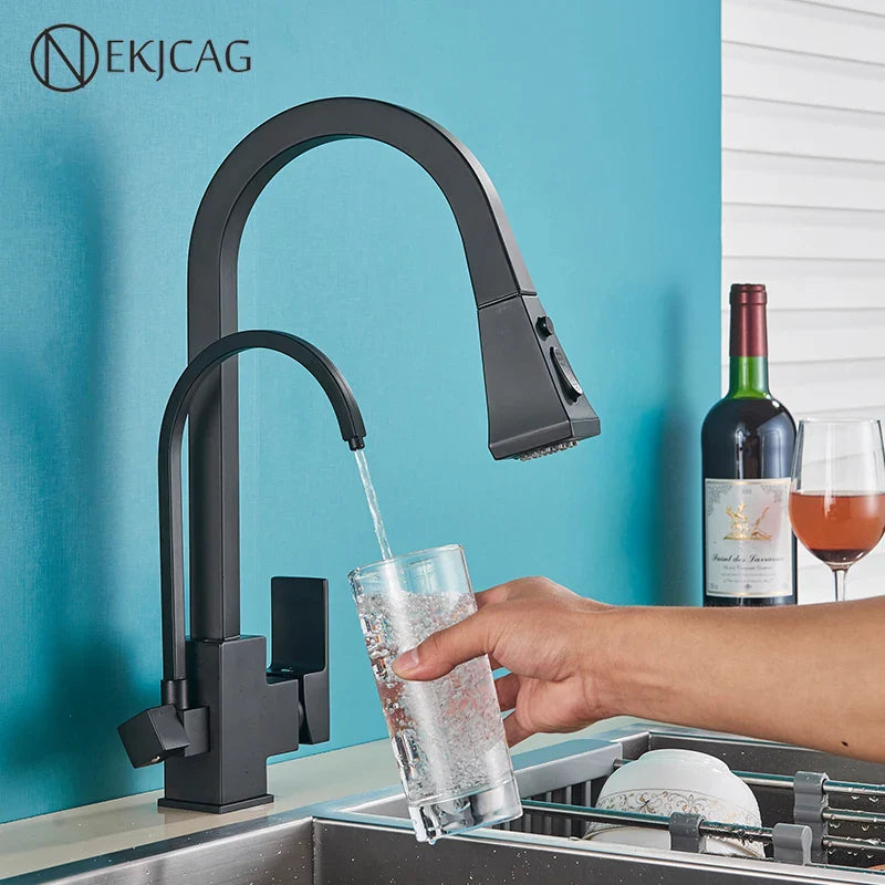 Afralia™ Matte Black Pull-Out Kitchen Faucet With Filtered Water, Cold and Hot Mixer