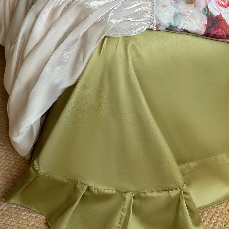 Afralia™ French Rustic Rose Flowers Duvet Set with Pleated Ruffles & Egyptian Cotton