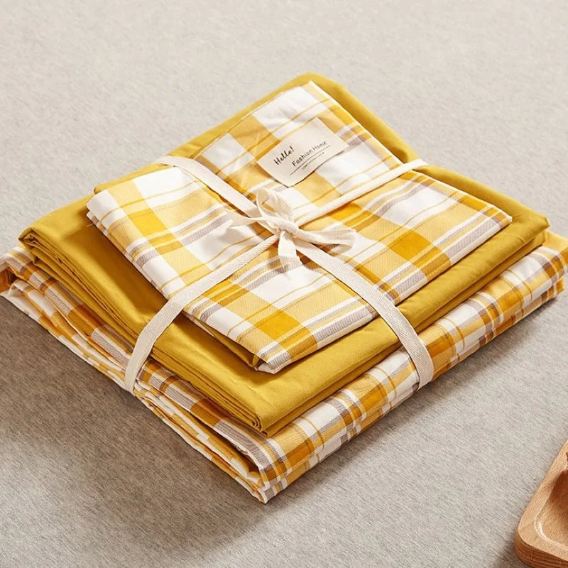 Afralia™ Japanese Grid Printed Cotton Bedding Set in Queen/King for Cozy Sleep