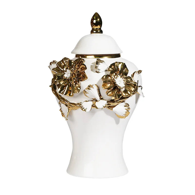 Afralia™ Floral Relief Ceramic Storage Jar - Golden Pot Vase