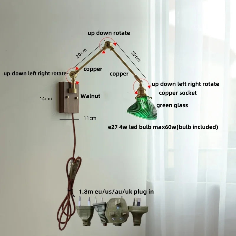 Afralia™ Modern Brass Glass Wall Light with 2 Swing Arms & Pull Chain Switch