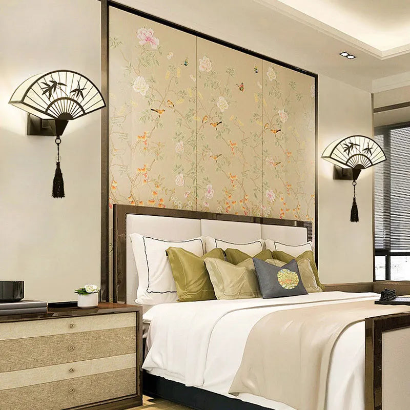 Afralia™ Chinese Style Iron Art Wall Lamp for Living Room, Bedroom, Hallway - E27 Fabric Sconce