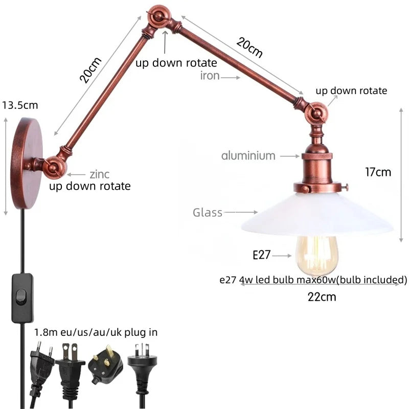 Afralia™ Adjustable Glass Swing Arm LED Wall Sconce with Pull Chain Switch