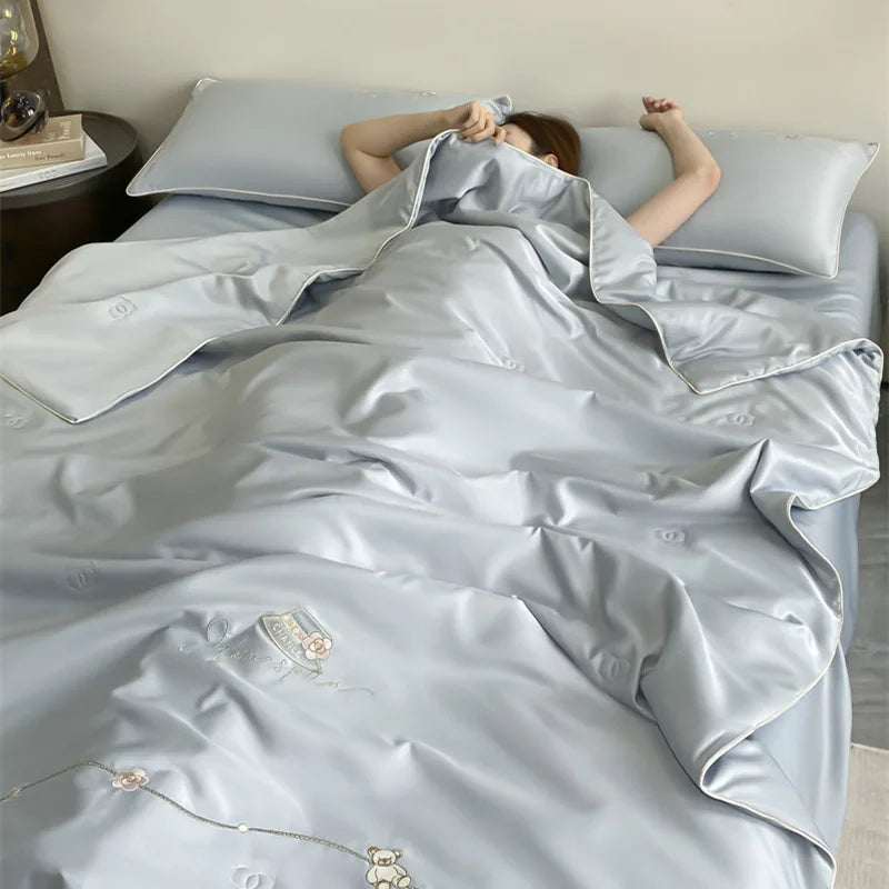 Afralia™ Ice Rayon Summer Quilt: Bear Floral Embroidery Cooling Thin Blanket - Antimicrobial Comforter