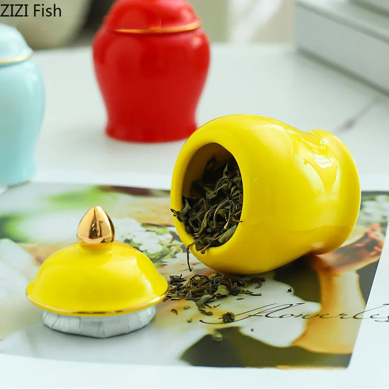 Afralia™ Gold Tea Canister Ceramic Storage Jar with Lid for Desk Decoration