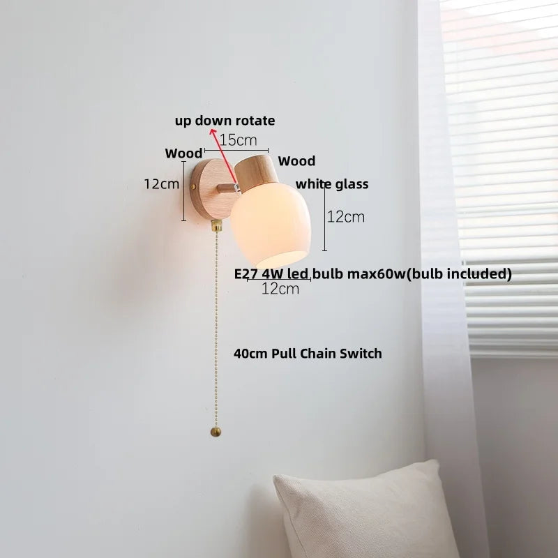 Afralia™ Wood Canopy LED Wall Sconce White Glass Nordic Modern Bedside Lamp