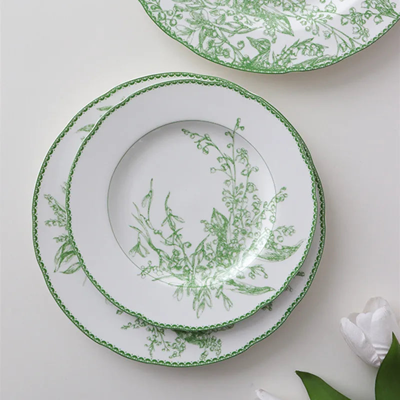 Afralia™ Lily Of The Valley Porcelain Plates, Medieval Pastoral Tableware, Green Dining Collection