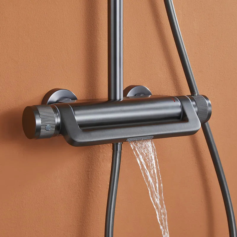 Afralia™ Gray Thermostatic Shower Faucet Set: Brass Rainfall Waterfall Bath and Shower