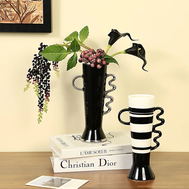 Afralia™ Ceramic Geometric Fringe Vase with Wavy Handle - Home Décor Handicraft