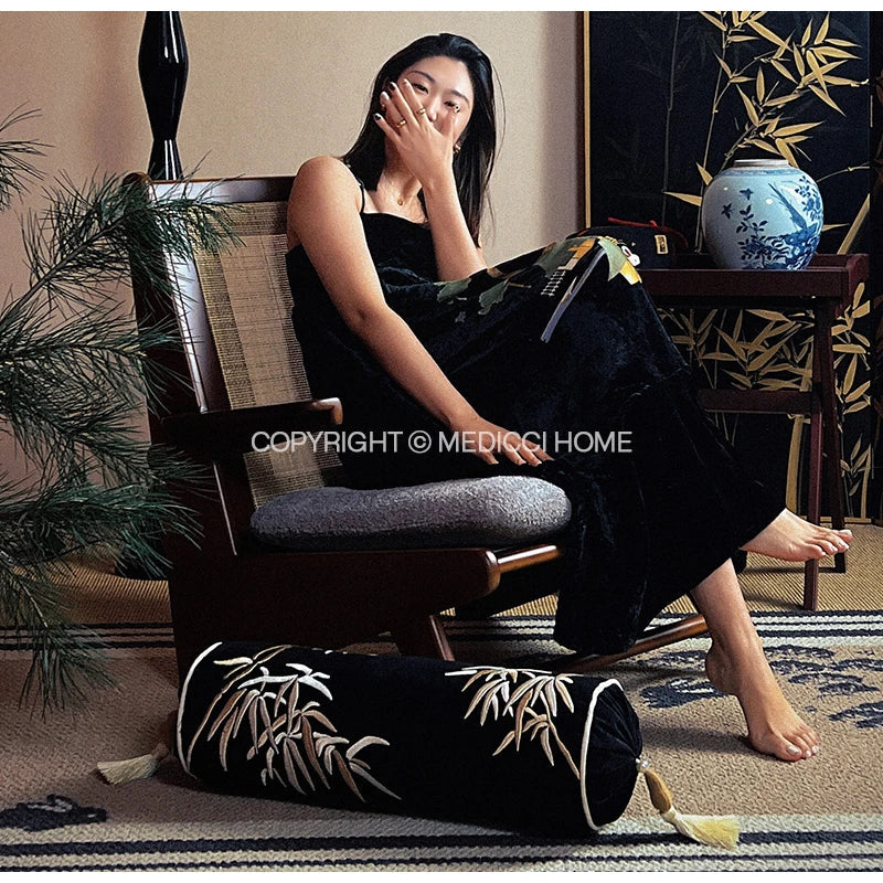 Afralia™ Bamboo Leaves Embroidery Bolster Pillow Covers - 18x55cm