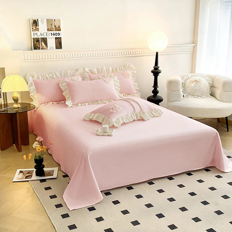 Afralia™ Pink Stereoscopic Bedding Set: Handwork Flowers Embroidery, Ruffle, Korean Style