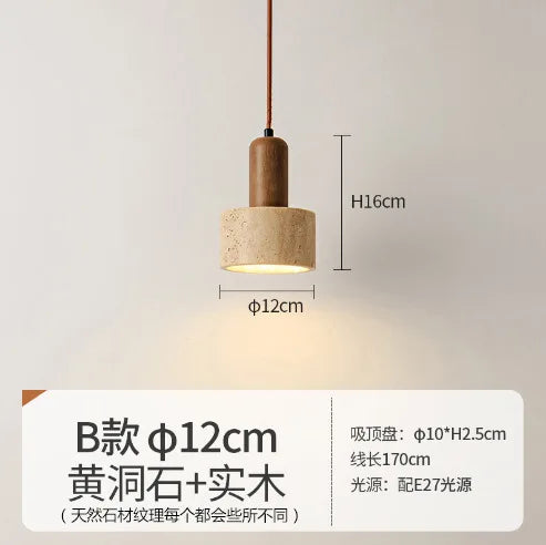 Afralia™ Japanese Wooden Stone Chandelier Pendant Light, Wabi-Sabi Style Yellow Cavity-Stone Lamp