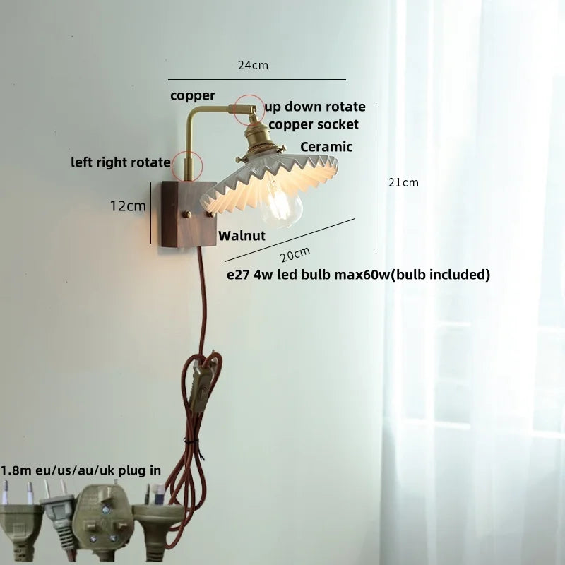 Afralia™ Nordic LED Walnut Wood Wall Lamp with Rotating Ceramic Copper Pull Chain Switch