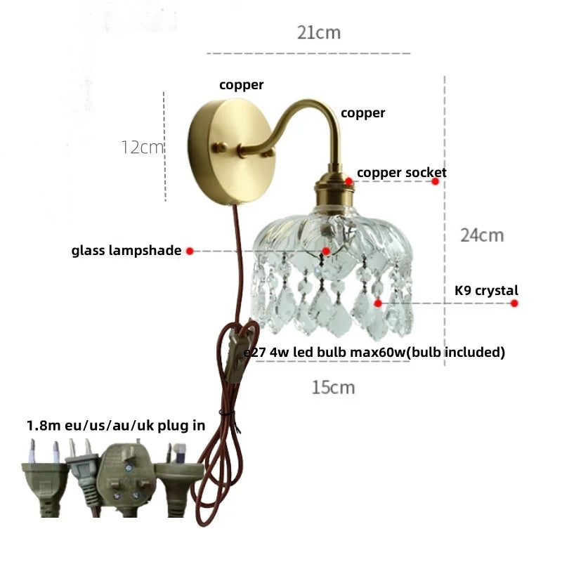 Afralia™ Nordic LED Wall Light with Pull Chain Switch, Crystal Glass Bedside Lamp