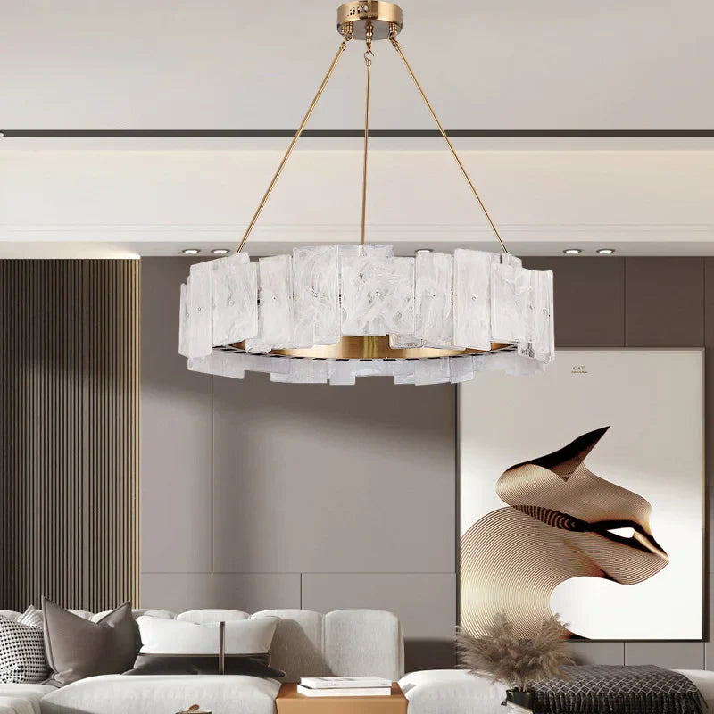 Afralia™ Round Gold Glass Chandelier with White Lampshade for Chic Home Decor