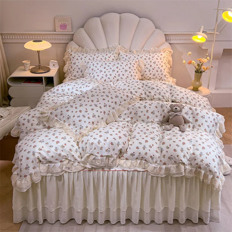 Afralia™ Princess Lace Ruffles Floral Bedding Set with Duvet Cover and Bed Skirt