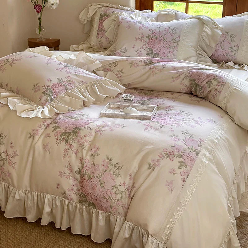 Afralia™ Vintage French Pastoral Lace Ruffles Bedding Set: Duvet Cover, Bed Sheet, 2 Pillowcases