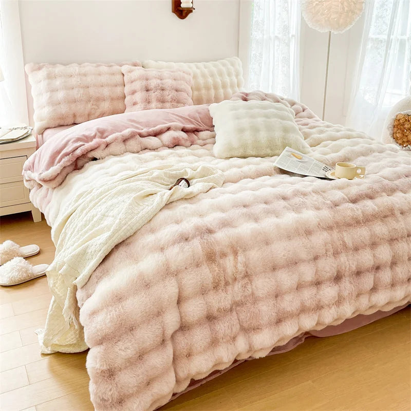 Afralia™ Velvet Fleece Princess Bedding Set in Pink Purple Grey Gradient, Luxury Duvet Cover & Faux Rabbit Fur